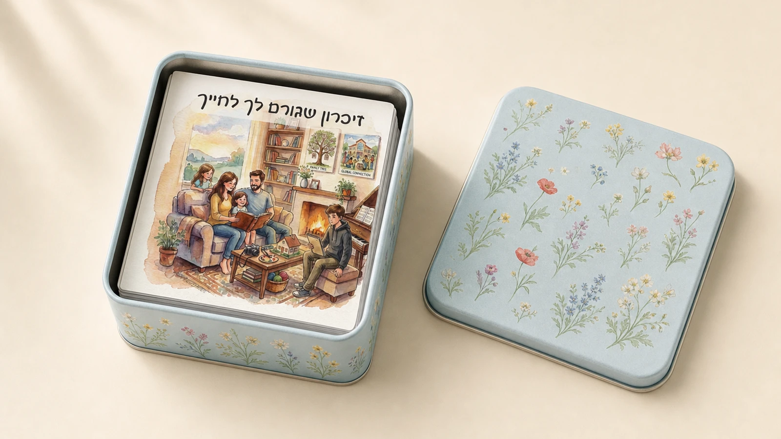 חפיסת קלפים מודפסת בתוך קופסת פח תכולה ופרחונית